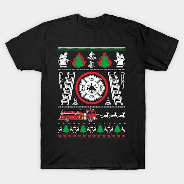 Fireman Shirt For Men Women Firefighter Santa's Sleigh Reindeer Fire Truck Ugly Christmas For Women Men T-Shirt by Norine Linan 